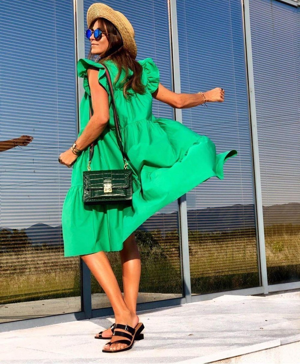Bekzy Ruched Short Sleeve Loose Green Midi Dress