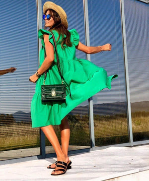 Bekzy Ruched Short Sleeve Loose Green Midi Dress