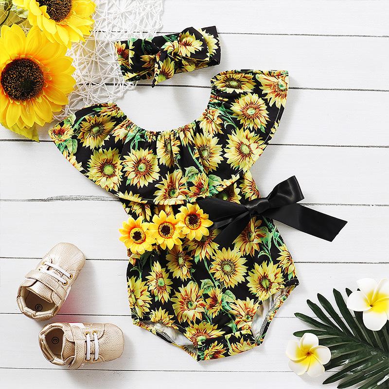 2020 Sunflower Baby Bodysuit Cute Belt Headband Outfit