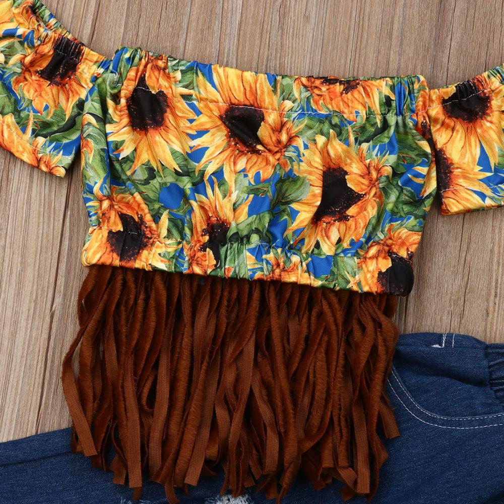Sunflower Off Shoulder Tassel Crop T-shirt + Denim Hole Pants Jeans