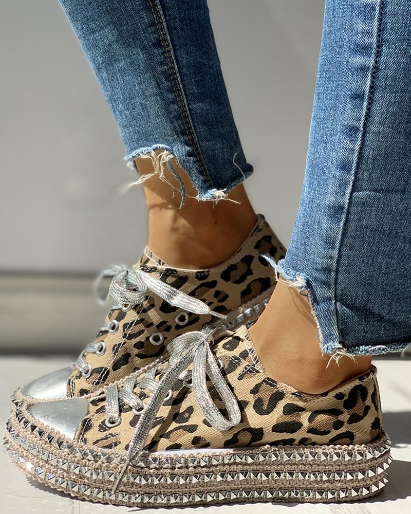 Leopard Rivet Embellished Lace-Up Sneakers