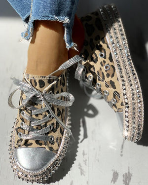 Leopard Rivet Embellished Lace-Up Sneakers