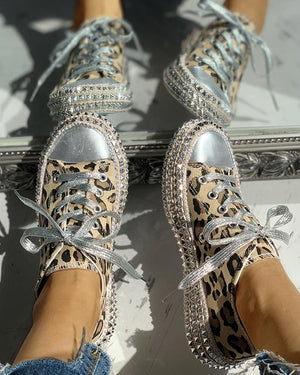 Leopard Rivet Embellished Lace-Up Sneakers