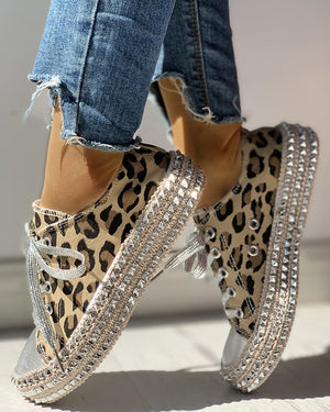 Leopard Rivet Embellished Lace-Up Sneakers