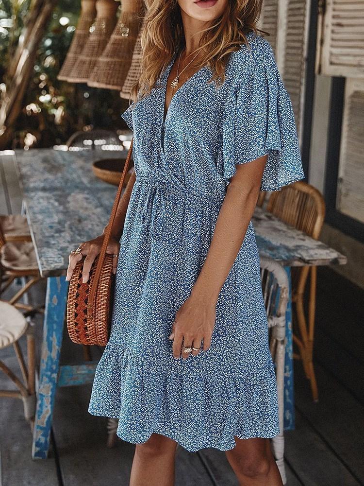 V-Neck Above Knee Short Sleeve Pullover Floral Dress