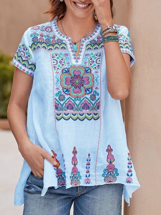 V Neck Short Sleeve Casual Shirts & Tops