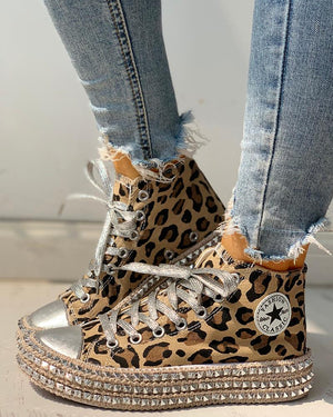 Leopard Rivet Embellished Lace-Up Sneakers