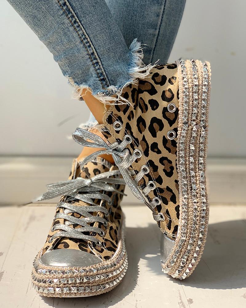 Leopard Rivet Embellished Lace-Up Sneakers