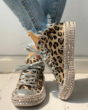 Leopard Rivet Embellished Lace-Up Sneakers