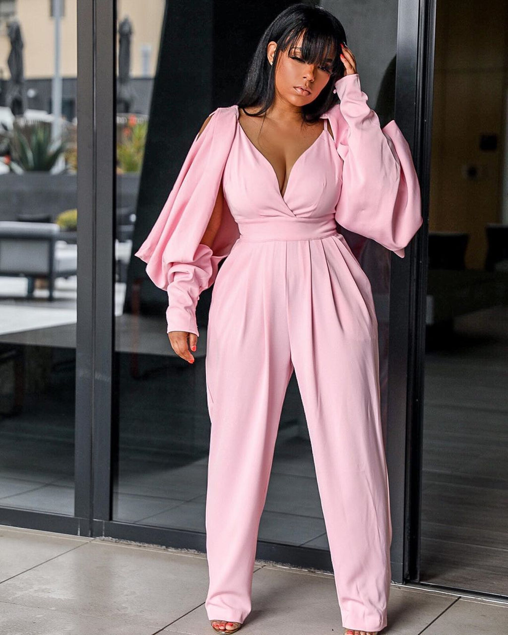 Women Elegant V Neck Long Sleeve Jumpsuit