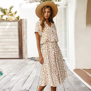 Floral Dress Women's Button Fitted Waist Lace Up Leopard Print Midi Dress