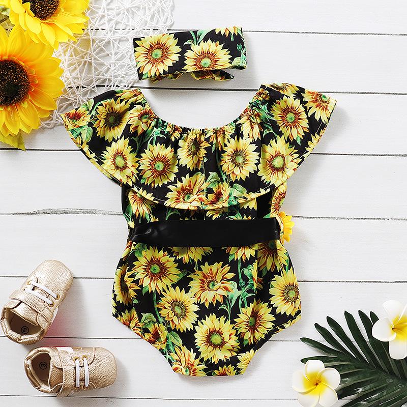 2020 Sunflower Baby Bodysuit Cute Belt Headband Outfit