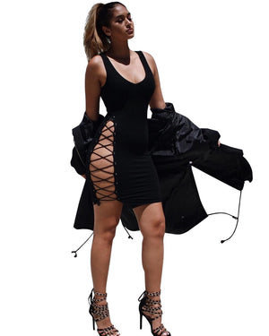 Black Cut Out Lace-Up Side Slit Sleeveless Bodycon Club Mini Dress