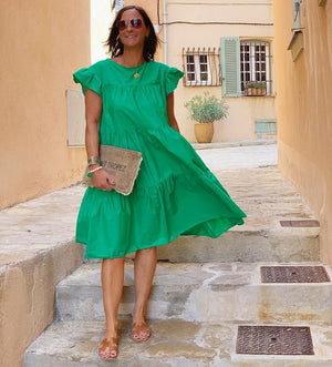 Bekzy Ruched Short Sleeve Loose Green Midi Dress