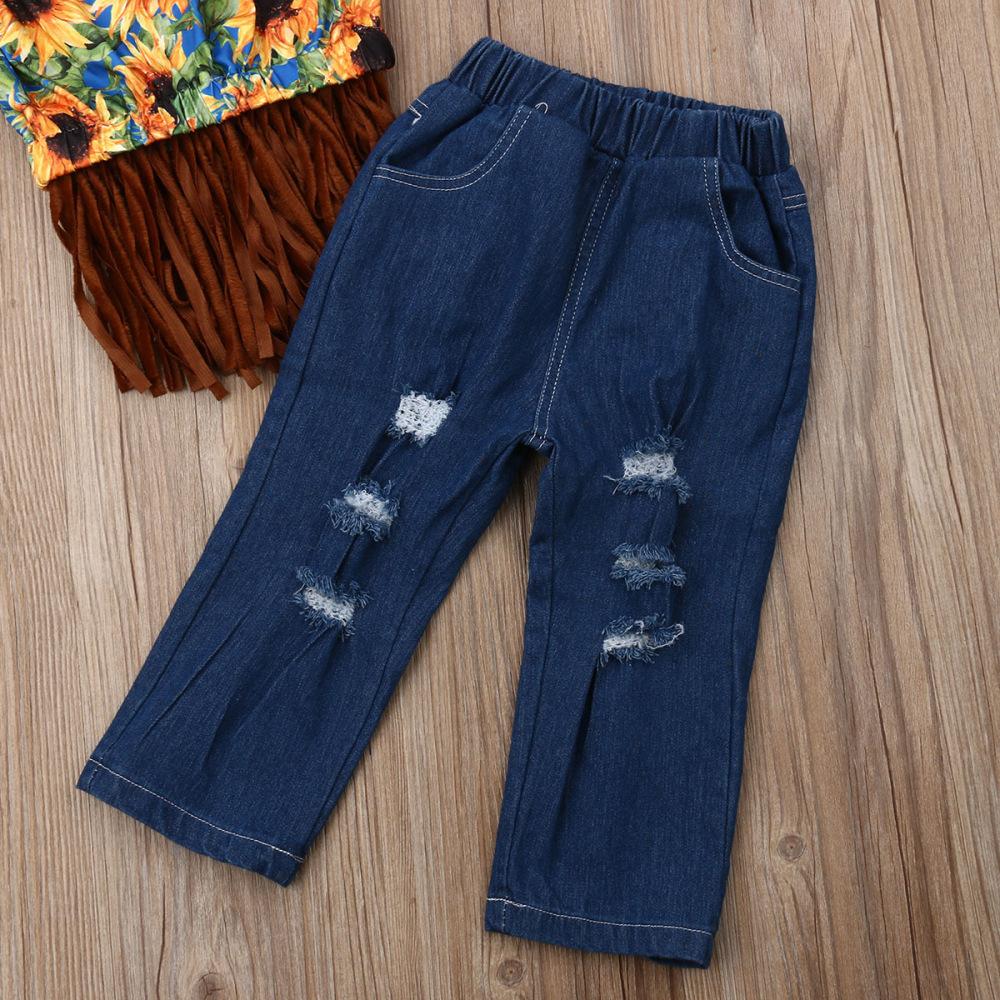 Sunflower Off Shoulder Tassel Crop T-shirt + Denim Hole Pants Jeans