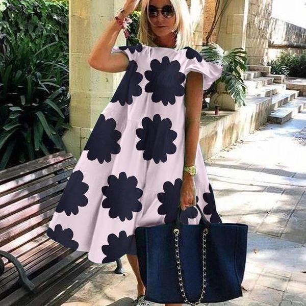 Loliky Chic Floral Short Sleeve Midi Dress