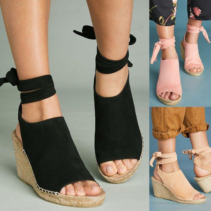 Women Flocking Wedge Sandals Vie Tie Up Shoes