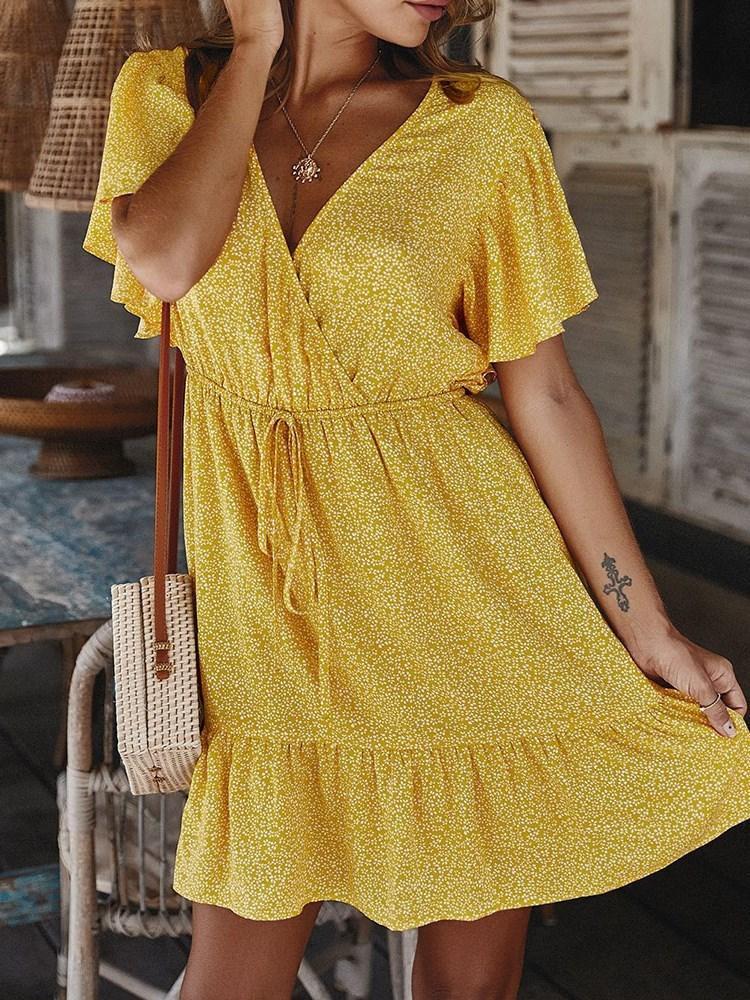 V-Neck Above Knee Short Sleeve Pullover Floral Dress