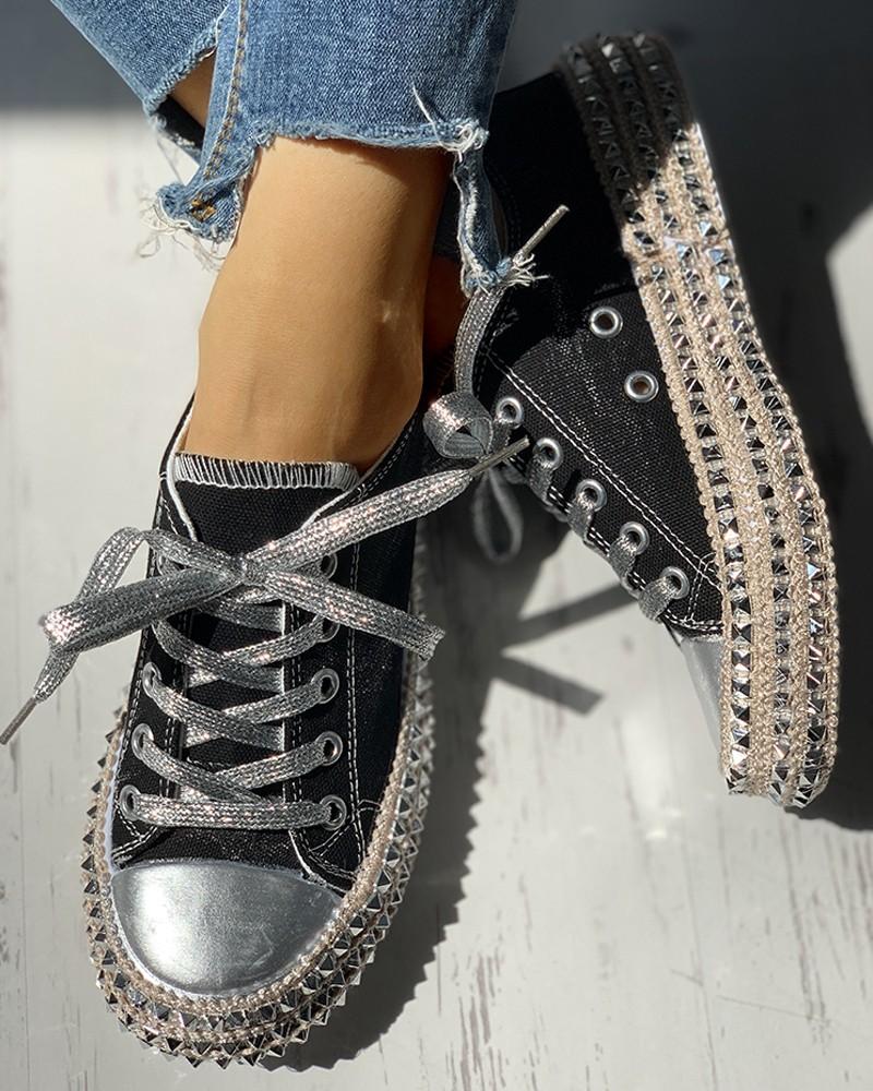 Leopard Rivet Embellished Lace-Up Sneakers