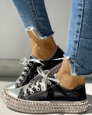 Leopard Rivet Embellished Lace-Up Sneakers