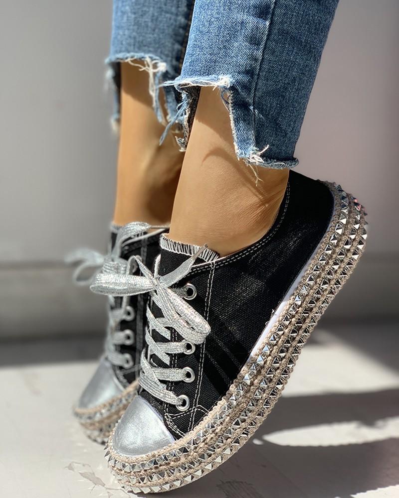 Leopard Rivet Embellished Lace-Up Sneakers