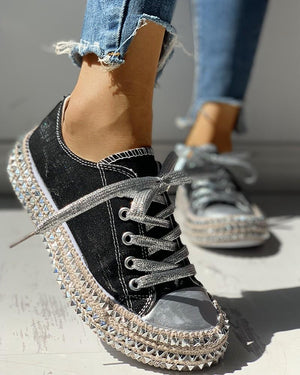Leopard Rivet Embellished Lace-Up Sneakers