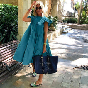 Bekzy Ruched Short Sleeve Loose Green Midi Dress