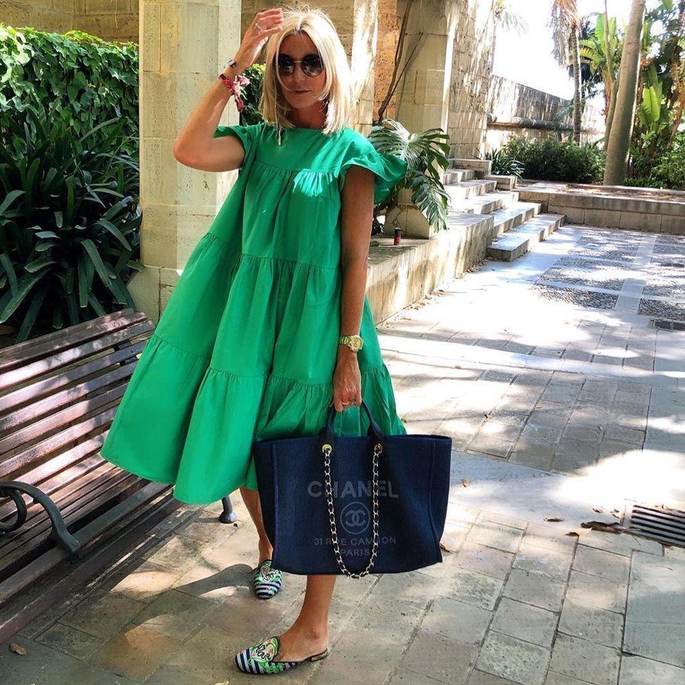 Bekzy Ruched Short Sleeve Loose Green Midi Dress