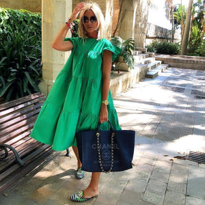 Bekzy Ruched Short Sleeve Loose Green Midi Dress