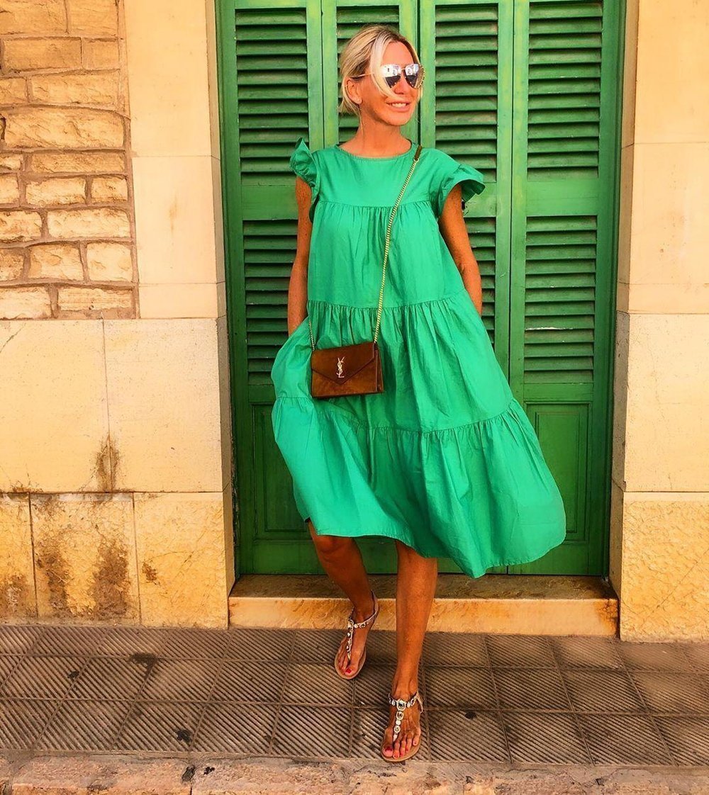 Bekzy Ruched Short Sleeve Loose Green Midi Dress