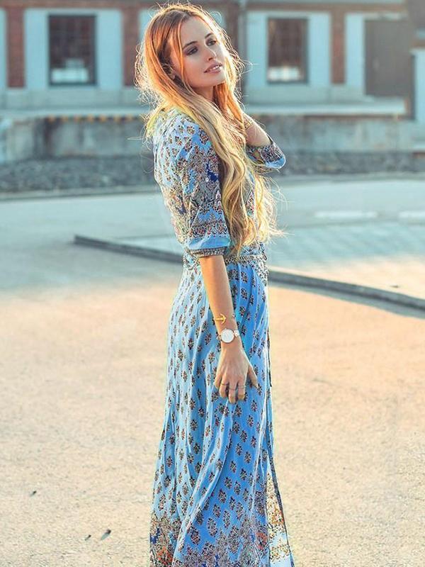 Pretty Bohemia Floral V Neck Half Sleeve Front Split Maxi Dress