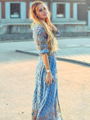 Pretty Bohemia Floral V Neck Half Sleeve Front Split Maxi Dress