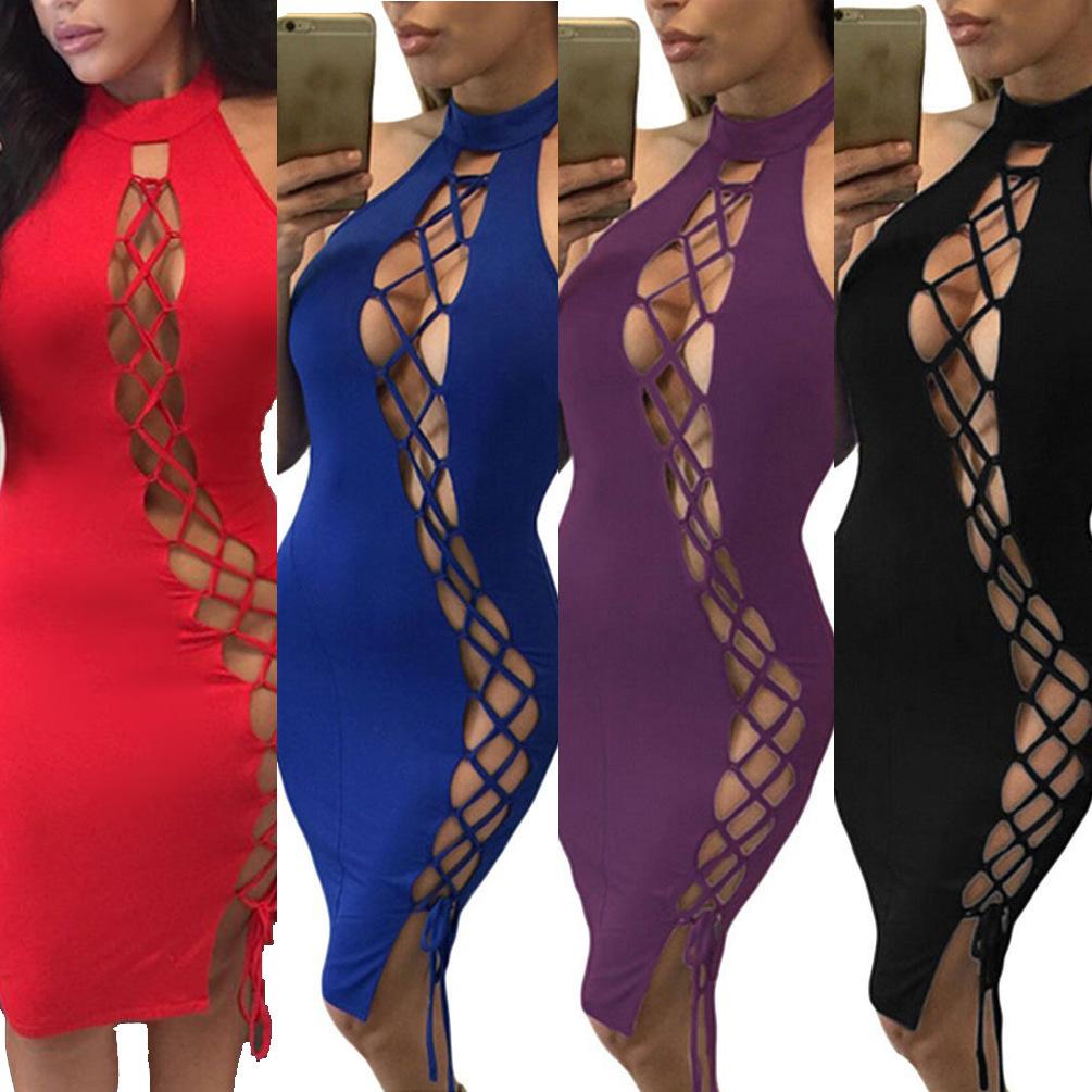 Womens Halter Hollow Out Lace Up Bodycon Bandage Club Dress