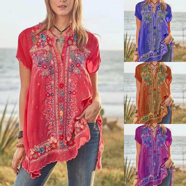 Women Blouse Boho Casual Short Sleeve V Neck Floral