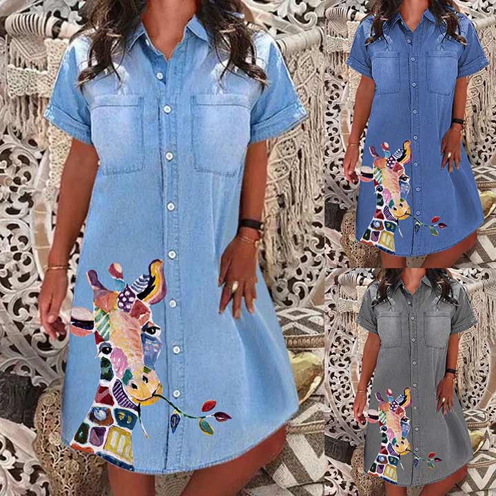 Giraffe Animal Print Half Sleeves Casual Denim Dresses_b