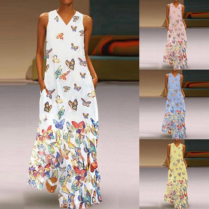 Ladies boho butterfly print V-neck dress