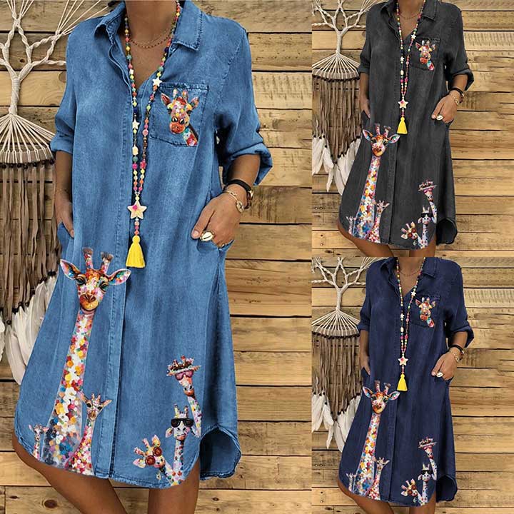 Giraffe Animal Print Half Sleeves Casual Denim Dresses_a