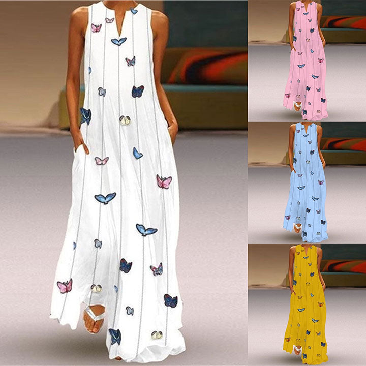 Butterfly Print V-Neck Sleeveless Long Dress Maxi Dress
