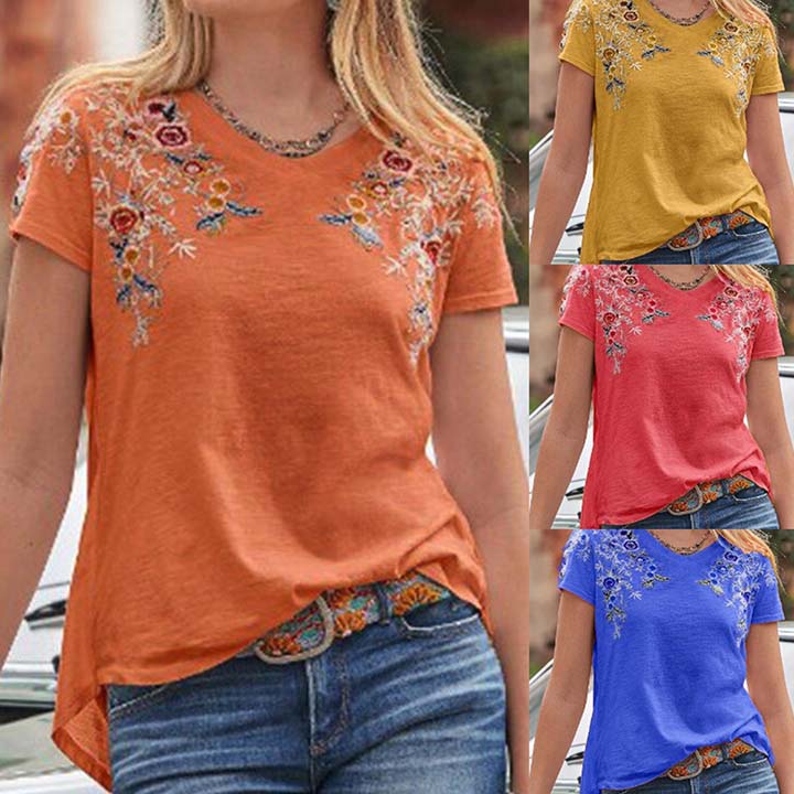 Cotton-Blend Crew Neck Casual Plain T-shirts