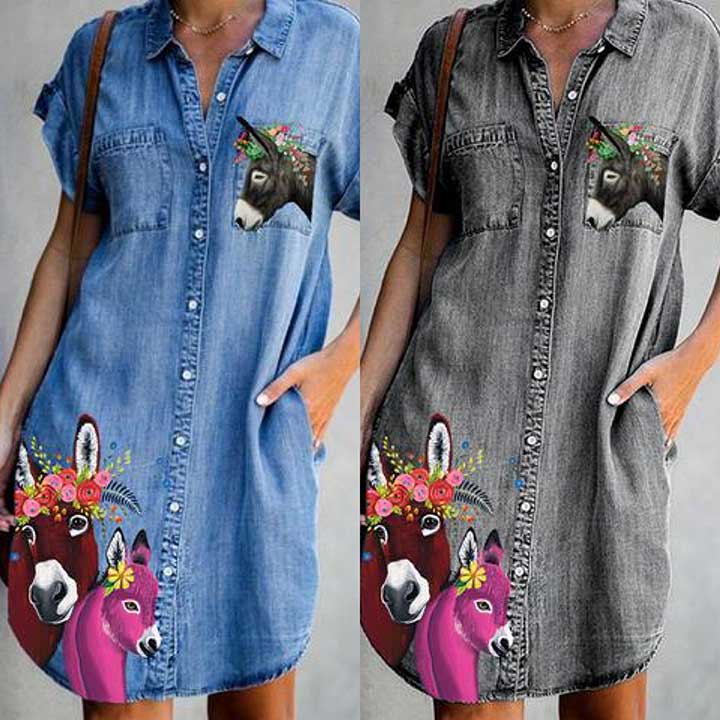 Donkey Animal Print Pockets Denim Dresses