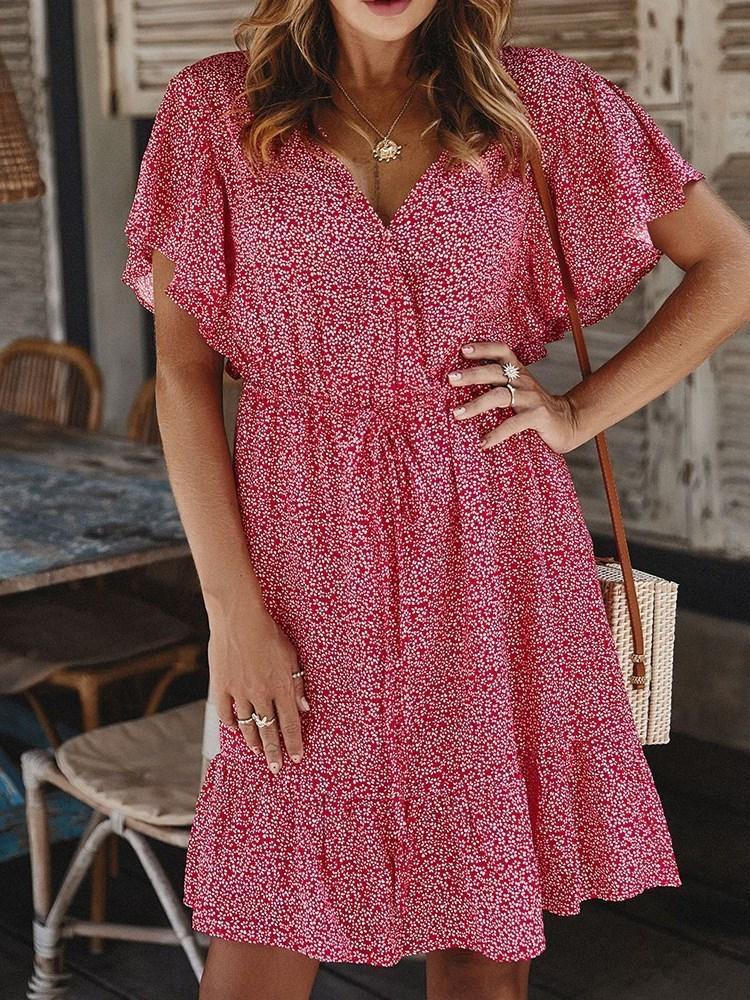 V-Neck Above Knee Short Sleeve Pullover Floral Dress