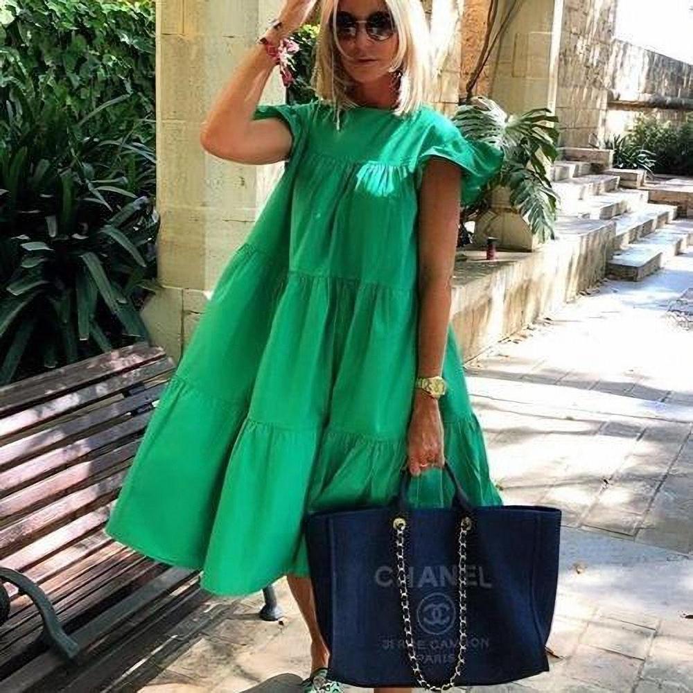 Bekzy Ruched Short Sleeve Loose Green Midi Dress