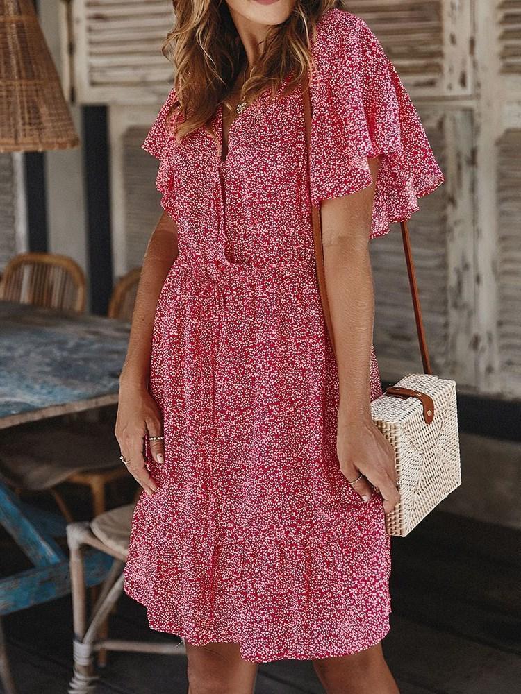 V-Neck Above Knee Short Sleeve Pullover Floral Dress