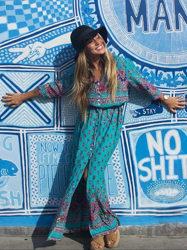 Pretty Bohemia Floral V Neck Half Sleeve Front Split Maxi Dress