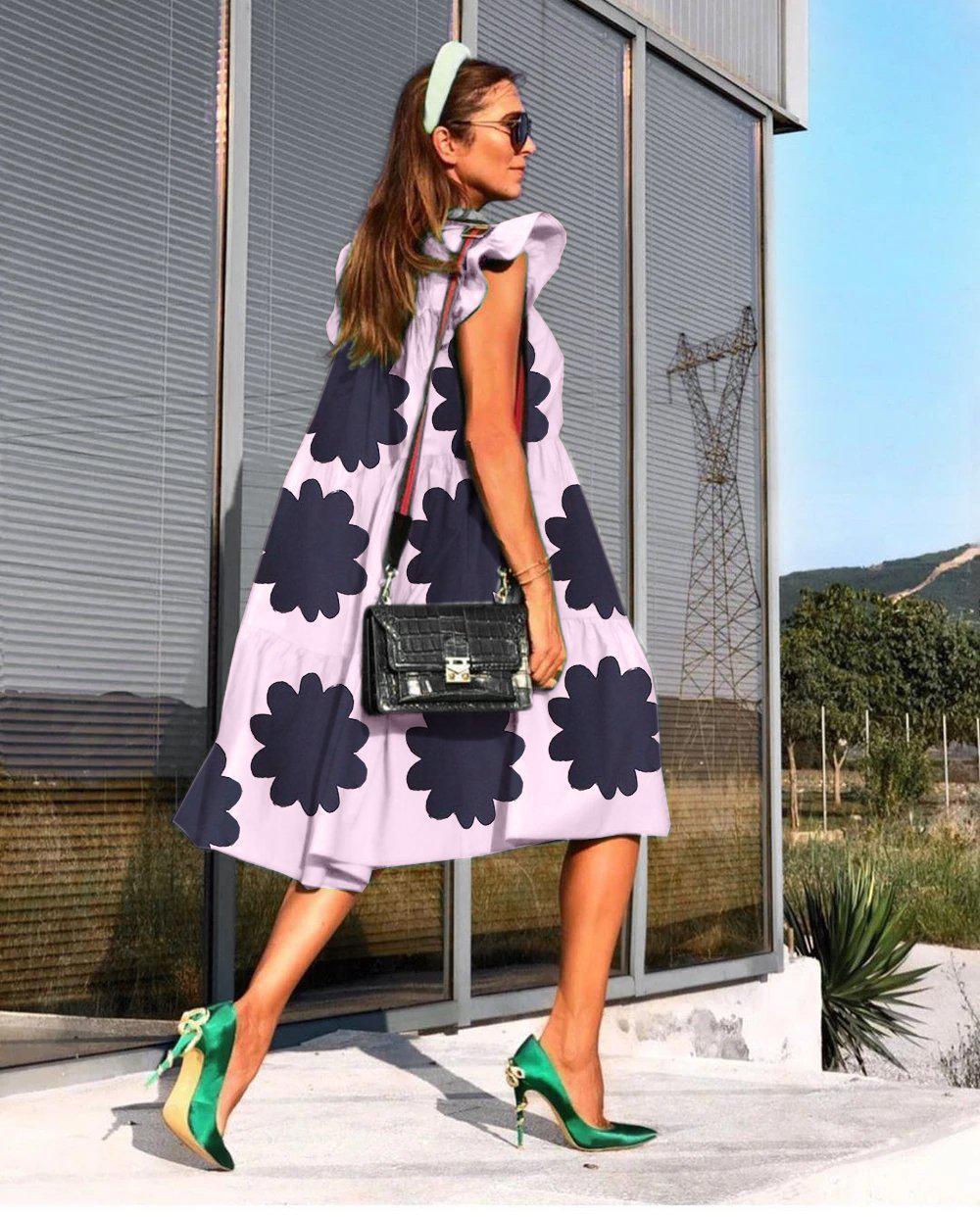 Loliky Chic Floral Short Sleeve Midi Dress