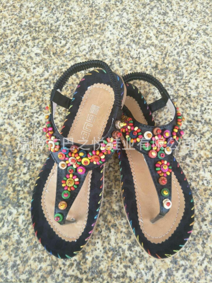 Bohemian beaded folk style flip flops flat sandals