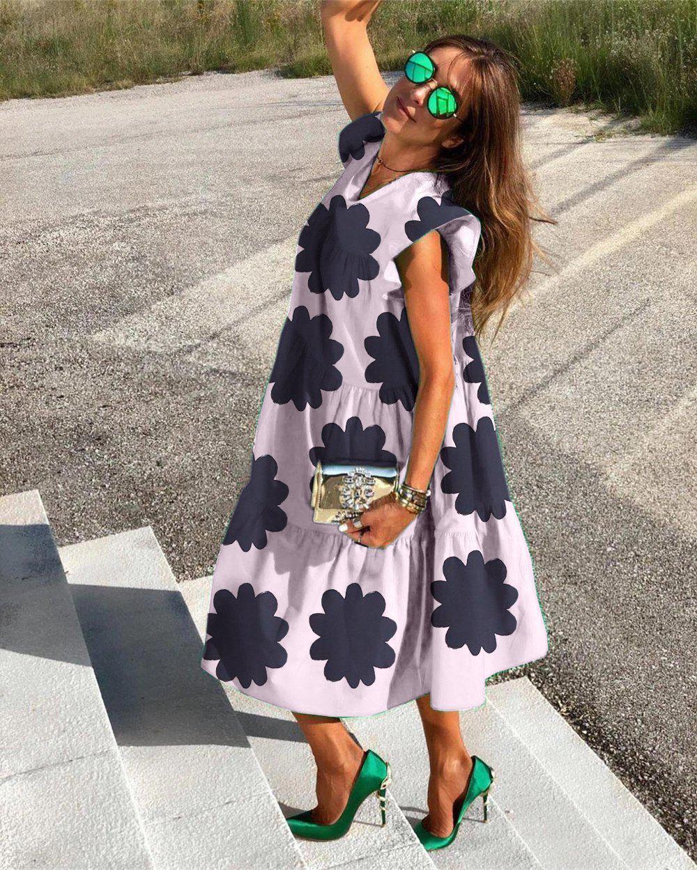 Loliky Chic Floral Short Sleeve Midi Dress