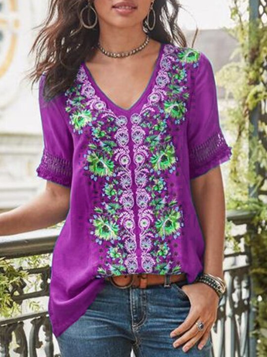 Short Sleeve Cotton-Blend Patchwork V Neck Shirts & Tops