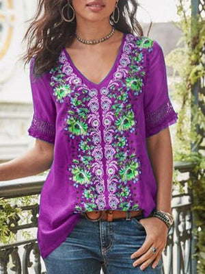 Short Sleeve Cotton-Blend Patchwork V Neck Shirts & Tops