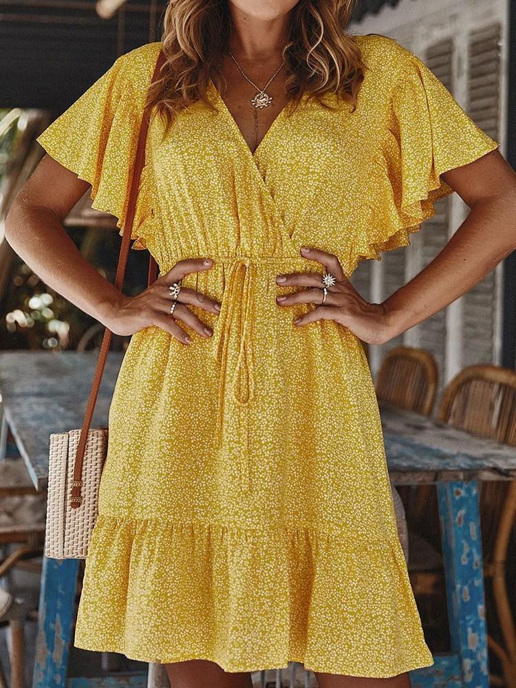 V-Neck Above Knee Short Sleeve Pullover Floral Dress